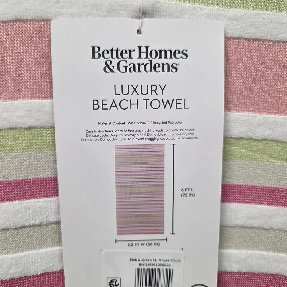 Better Homes & Gardens Luxury Beach Towel Pink Green St. Tropez Stripe 38x72 NEW